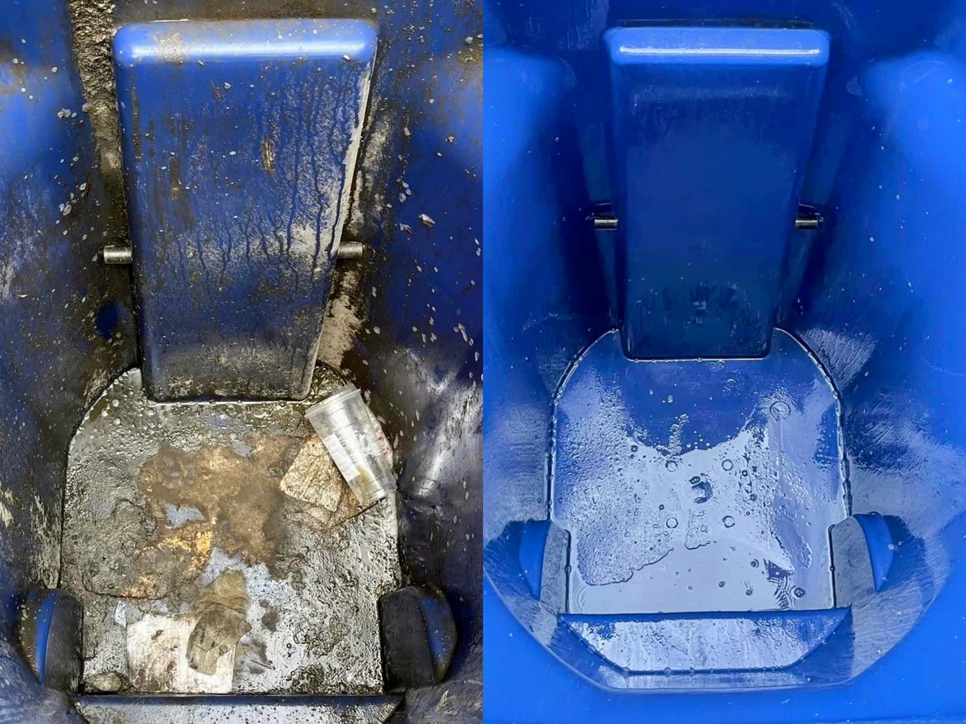 The inside of a trash can before cleaning, caked with grime and residue, next to the same can after cleaning — bright blue and spotless.