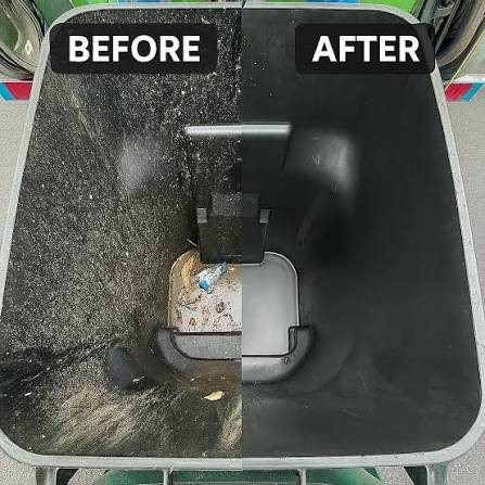 A black trash bin split down the middle, showing the grimy untreated half beside the cleaned half.