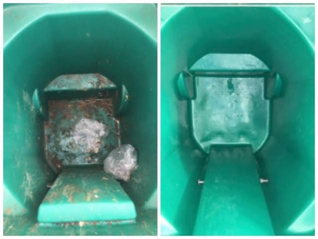 Inside a green trash bin before and after cleaning, with food residue and staining removed.
