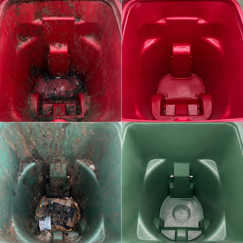 Two trash bins photographed before and after cleaning — a red bin and a green bin, each going from heavy caked-on residue to clean, bare plastic.