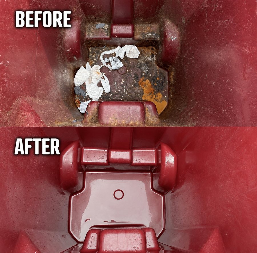 The base of a red trash bin before cleaning, coated in rust-colored grime and stuck debris, and after cleaning, showing clean red plastic.